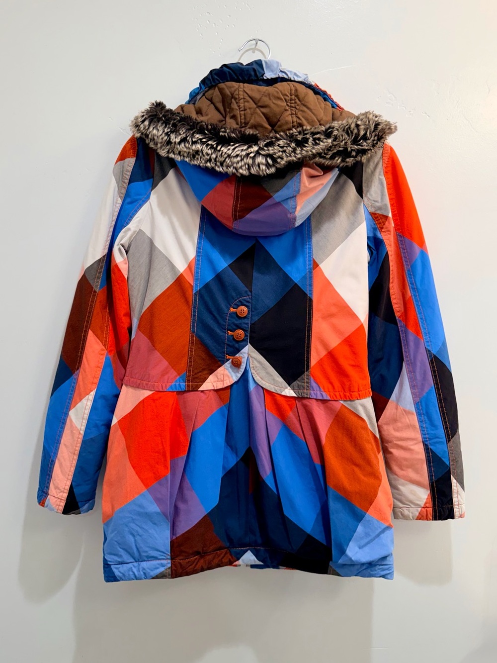 Midii Geometric Multi-Color Hooded Parka Jacket Faux Fur Trim Blue Orange Size M - Picture 5 of 16